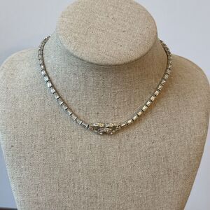 Mazer Bros Clear Baguette Rhinestone  & Silvertone Choker Necklace Jeweled Clasp